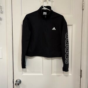 Adidas Cropped Sweatshirt Black Mock Neck 1/4 Zip Logo Spell Out Long‎ Sleeve